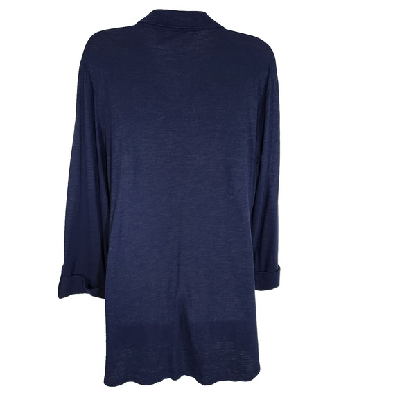 Chico's Womens Top Knit Button 3/4 Tab Sleeve Blue Pockets Collared Size 2 Large - Picture 2 of 10